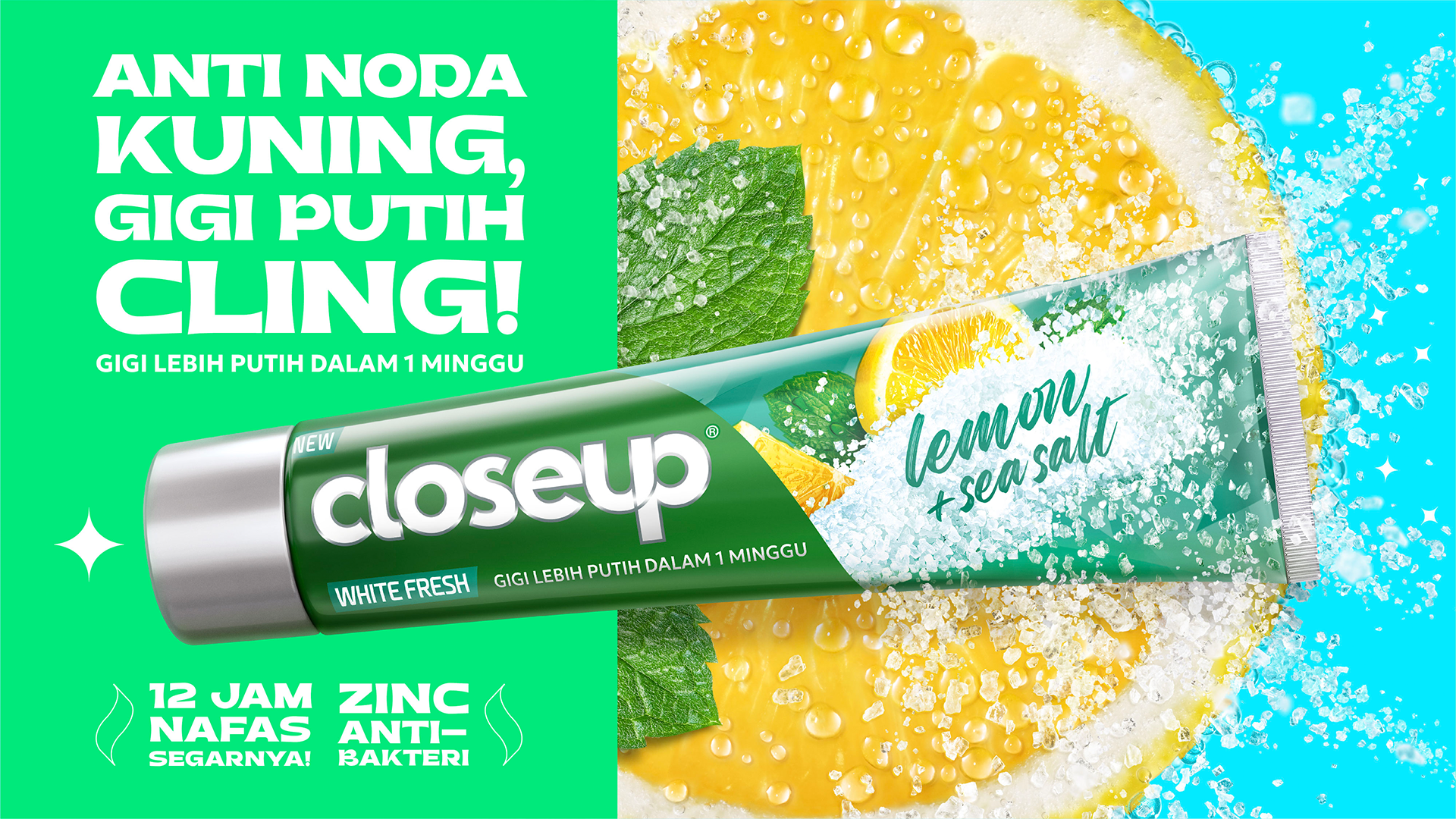 A tube of Closeup Lemon & Sea Salt toothpaste displayed against the background of a lemon slice.