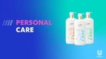 Three Dove personal care products with pump dispensers on a gradient blue and green background. The text 'PERSONAL CARE' is written in bold pink and white letters on the left side, and the Unilever logo is at the bottom right corner.