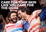 Two male French fans celebrate together, beside a call to action from Dove Men+Care to care for your skin like you care for the game.