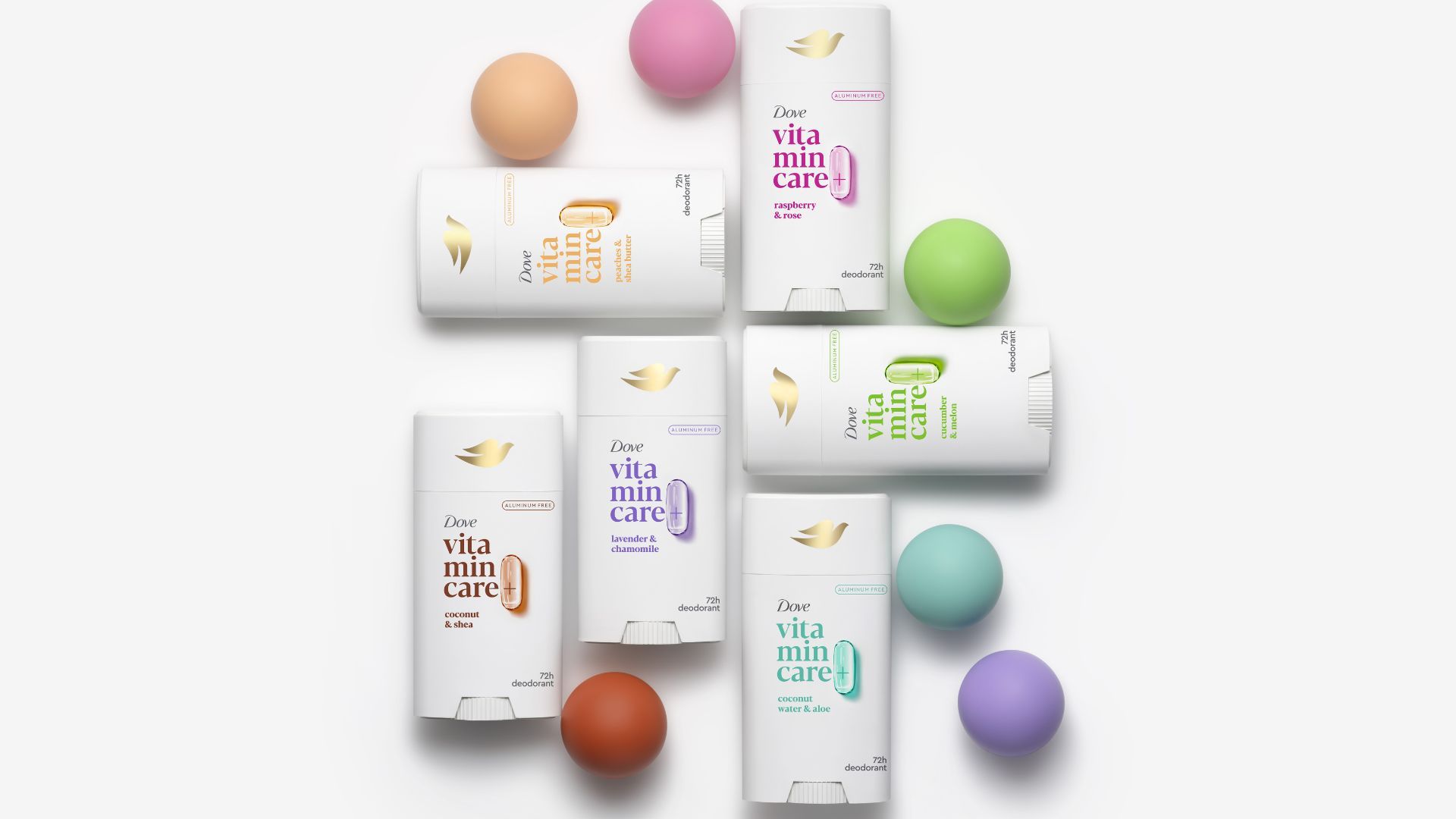 A photo showing fragrance options from Dove’s VitaminCare+ deodorant range with different coloured packs