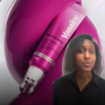 Promotional-style image featuring a magenta Vaseline Gluta‑Hya Lip Serum Gloss tube in the shade “Royal Plum.” The tube is shown large in the background against glossy, swirling magenta shapes. In the lower right corner, there is a small cut‑out image of a person with curly hair wearing a dark top, speaking toward the camera.