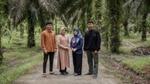 A photograph of four people – two men and two women – stand on a path beneath palm trees.