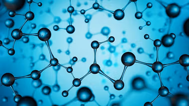 many connected atoms on a blue background
