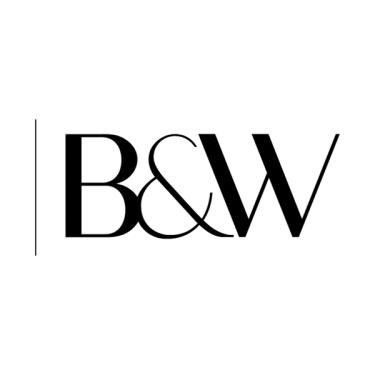 The Beauty & Wellbeing logo - a B&W in bold black font with a vertical line to the left of the letters.