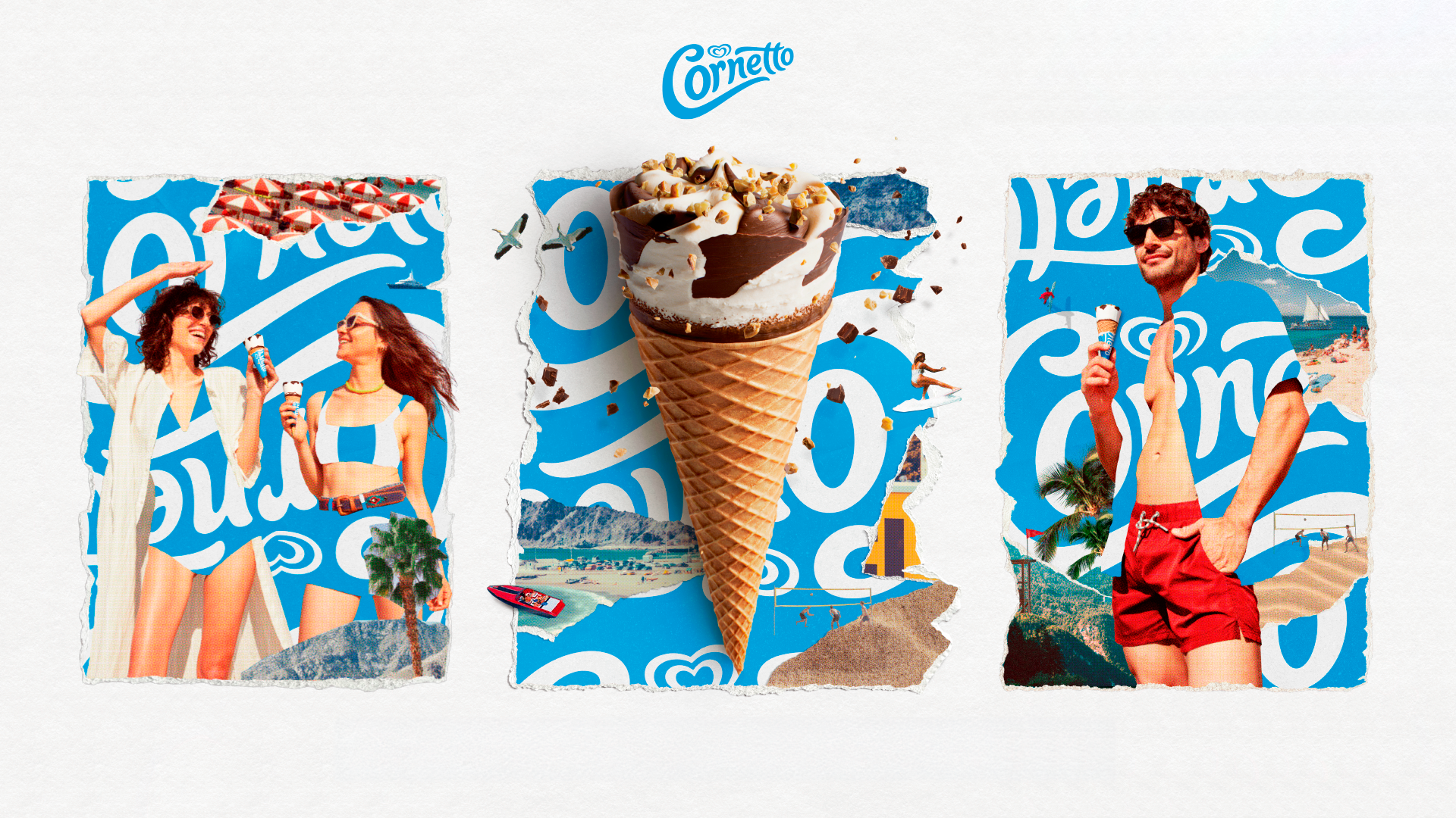 An unwrapped Cornetto Classico ice cream cone photographed on its distinctive blue and white branding with summer images.