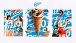 An unwrapped Cornetto Classico ice cream cone photographed on its distinctive blue and white branding with summer images.
