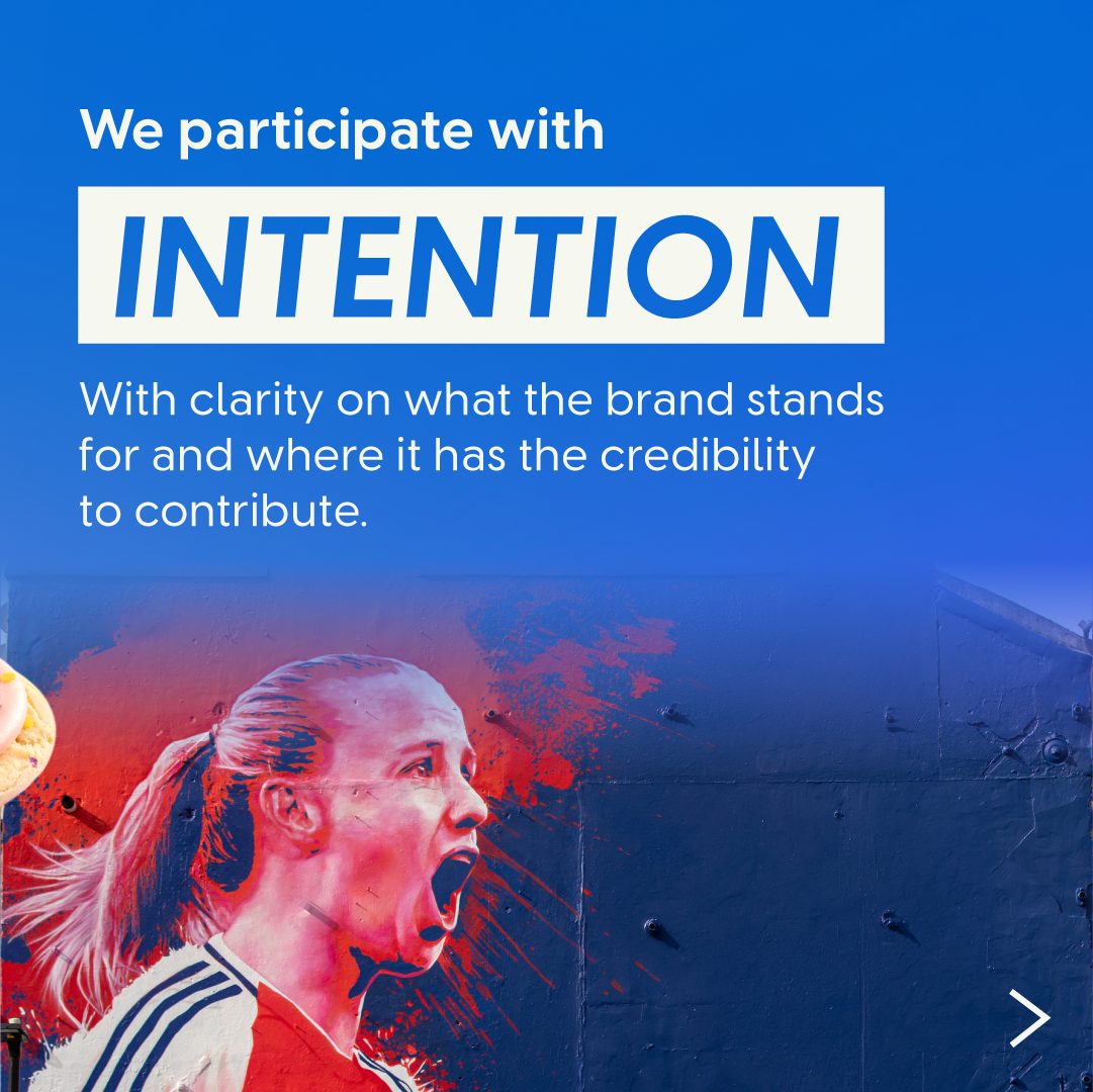 Marketing visual featuring bold “INTENTION” messaging alongside a stylised athlete graphic and brand purpose statement.