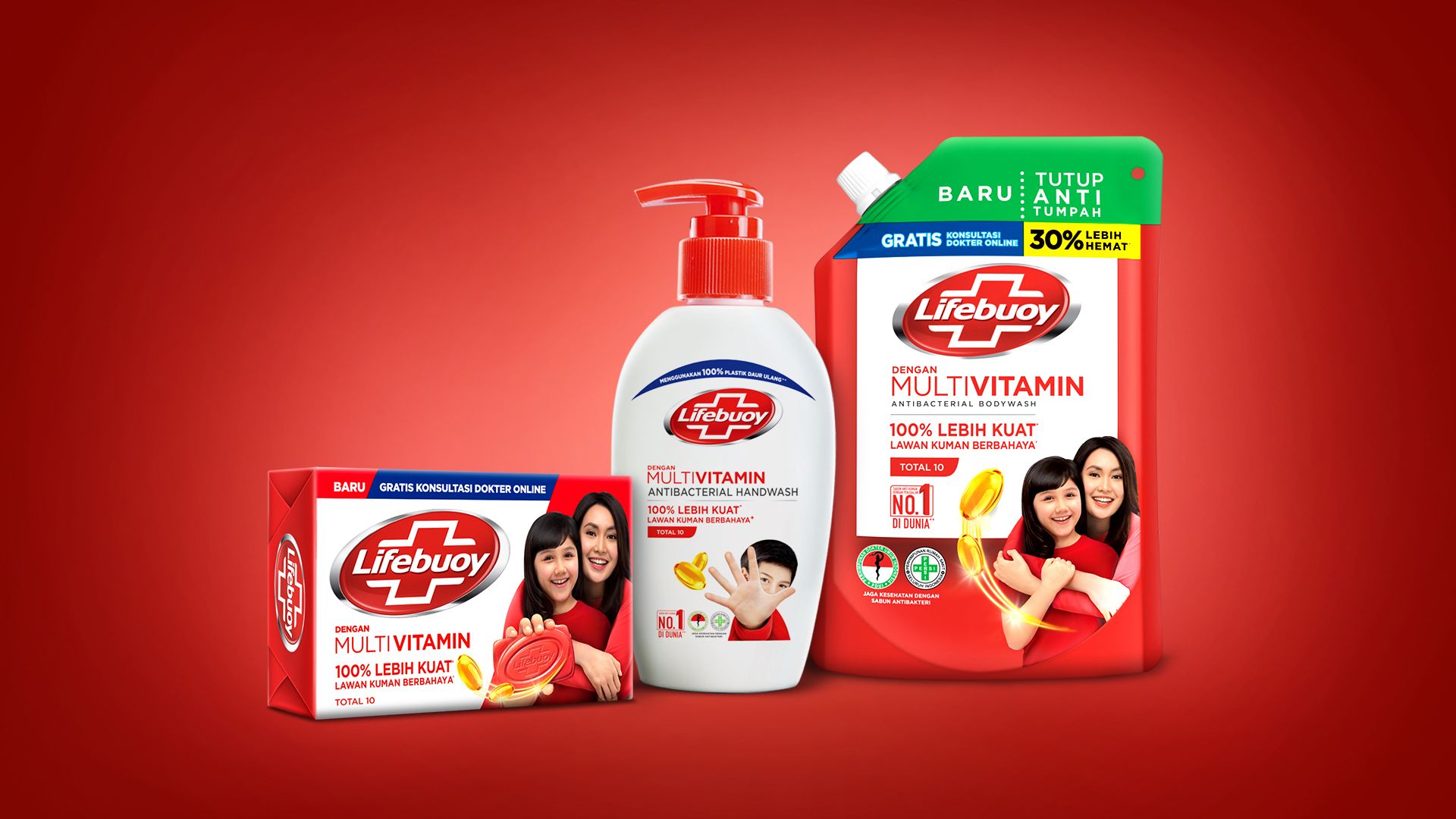 Three Lifebuoy Multivitamin products positioned against a red background.