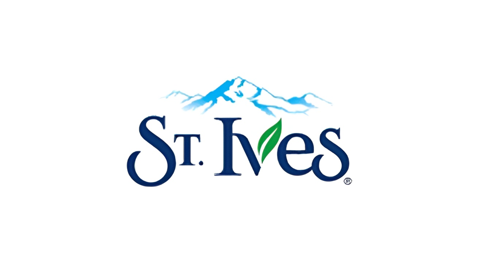 The logo for Unilever’s St Ives brand. Dark blue text. The V is shaped by a green leaf. Blue and white mountains in the background