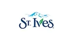 The logo for Unilever’s St Ives brand. Dark blue text. The V is shaped by a green leaf. Blue and white mountains in the background