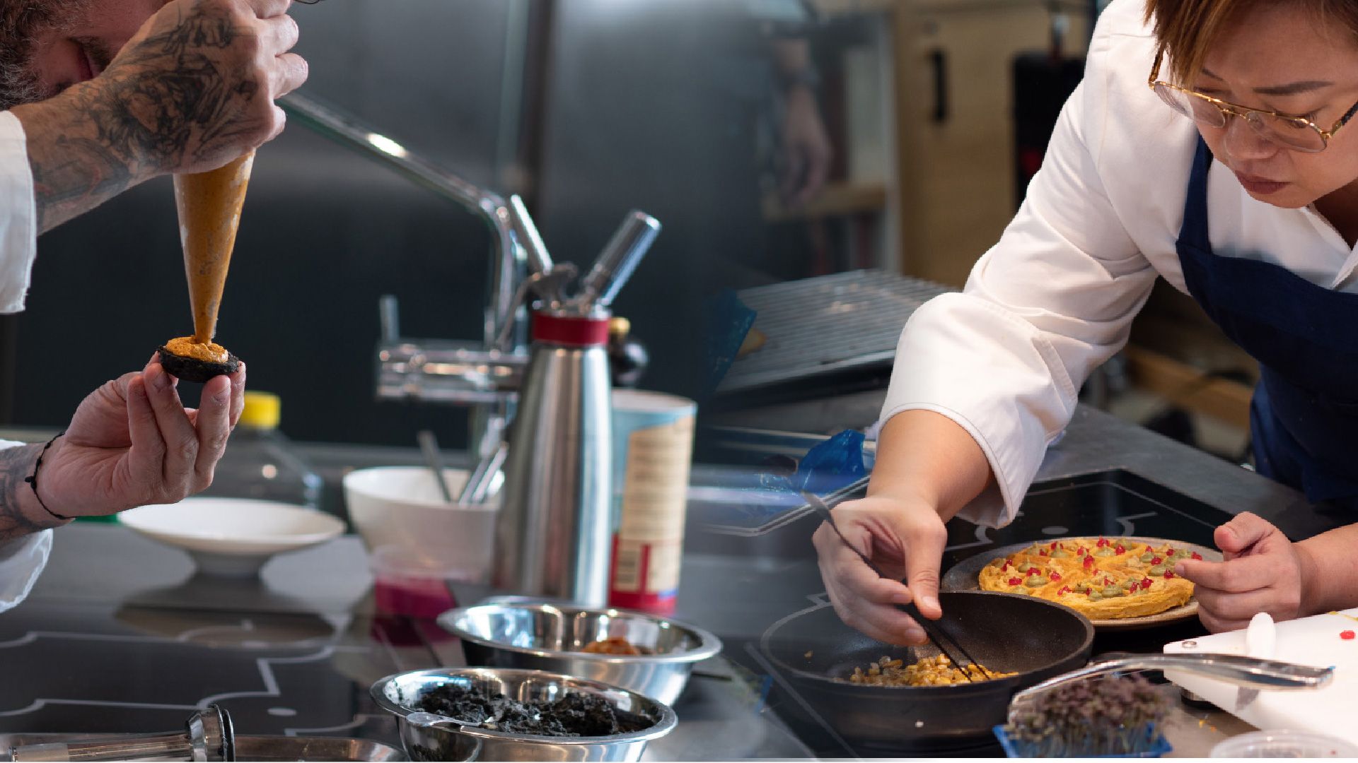 A composite image of chefs cooking in a busy kitchen