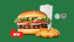 Burger King’s plant-based menu, including a Rebel Whopper burger, nuggets and a drink in a tall glass.