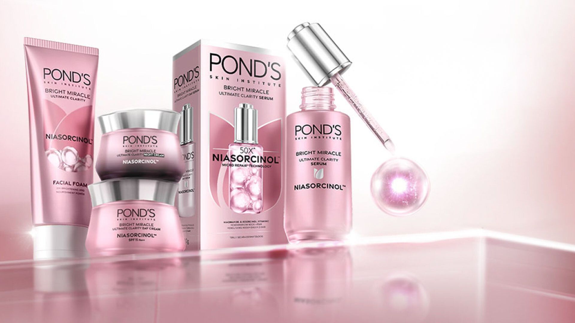 POND’S SKIN INSTITUTE skincare products, including facial foam, day cream, night cream, and a serum with Niasorcinol technology.