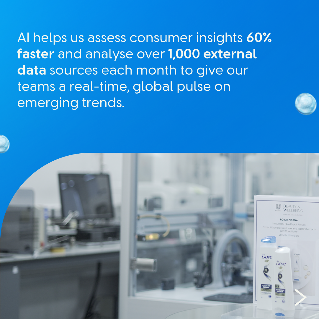 Beauty & Wellbeing lab scene with messaging on AI accelerating consumer insights and trend analysis.