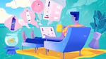 Illustration of a man sitting with a laptop scrolling through products