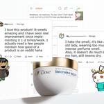 Dove Intensive Repair hair mask jar surrounded by positive and negative Reddit reviews.