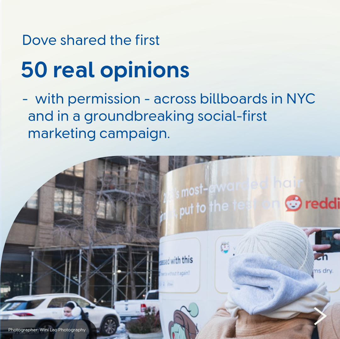 Dove campaign featuring real customer quotes displayed on billboards in a city setting.