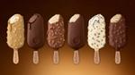 A row of six Magnum ice creams, each with a bite taken out, displayed against a brown background. Each ice cream represents a different Magnum variety.