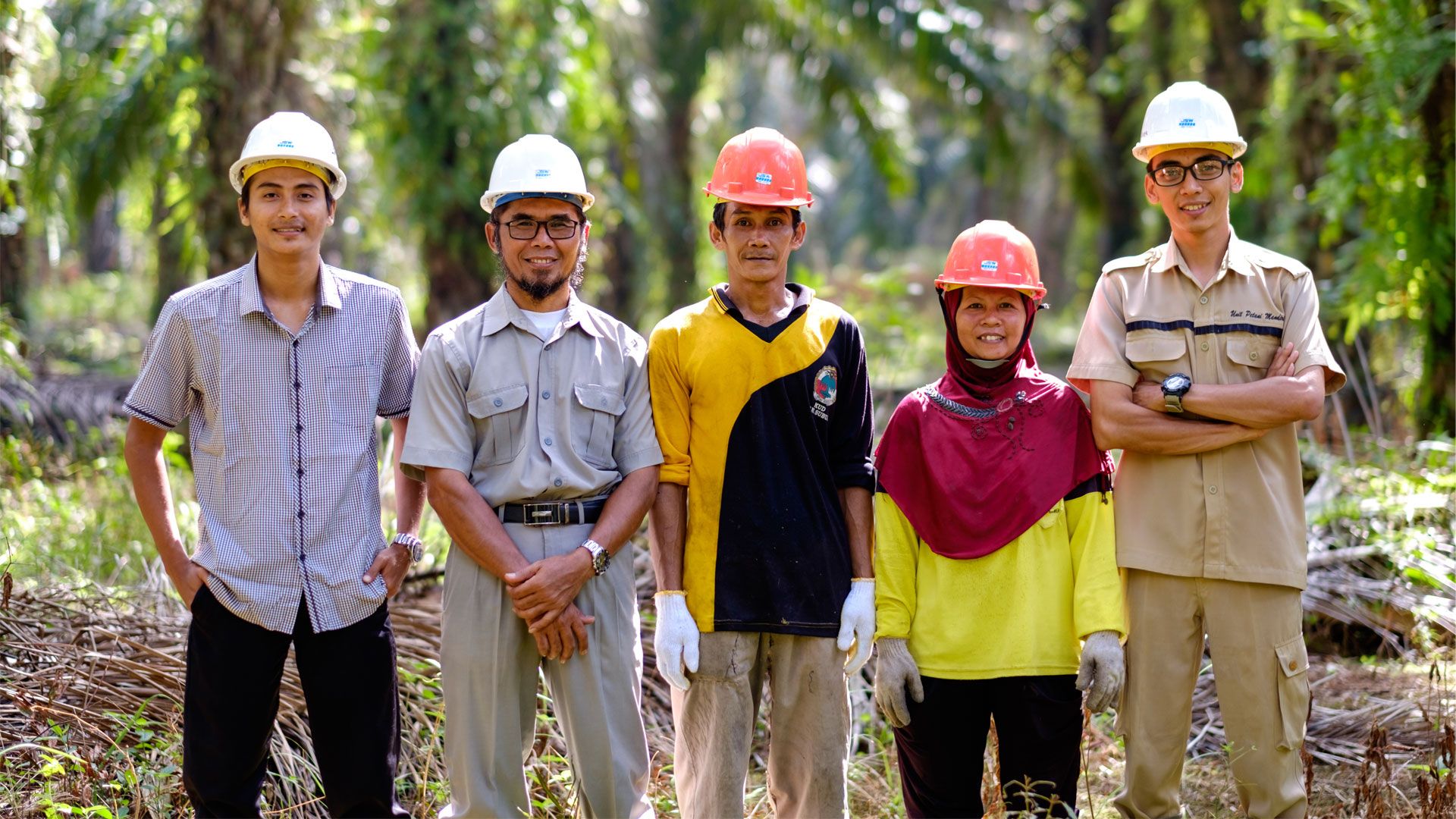 Group of five workers standing outdoors in a palm plantation, wearing safety helmets and work clothing, with trees and foliage in the background.