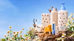 A display of Wild personal care products on a rock, surrounded by daisies with a blue sky.