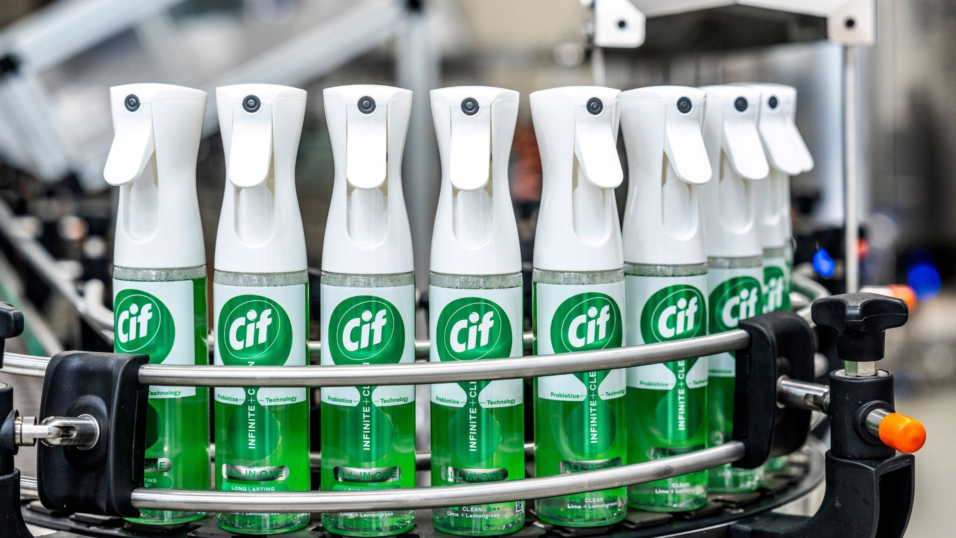 A production line of Unilever’s new multi-purpose spray, Cif Infinite Clean, powered by bioscience technology and probiotics