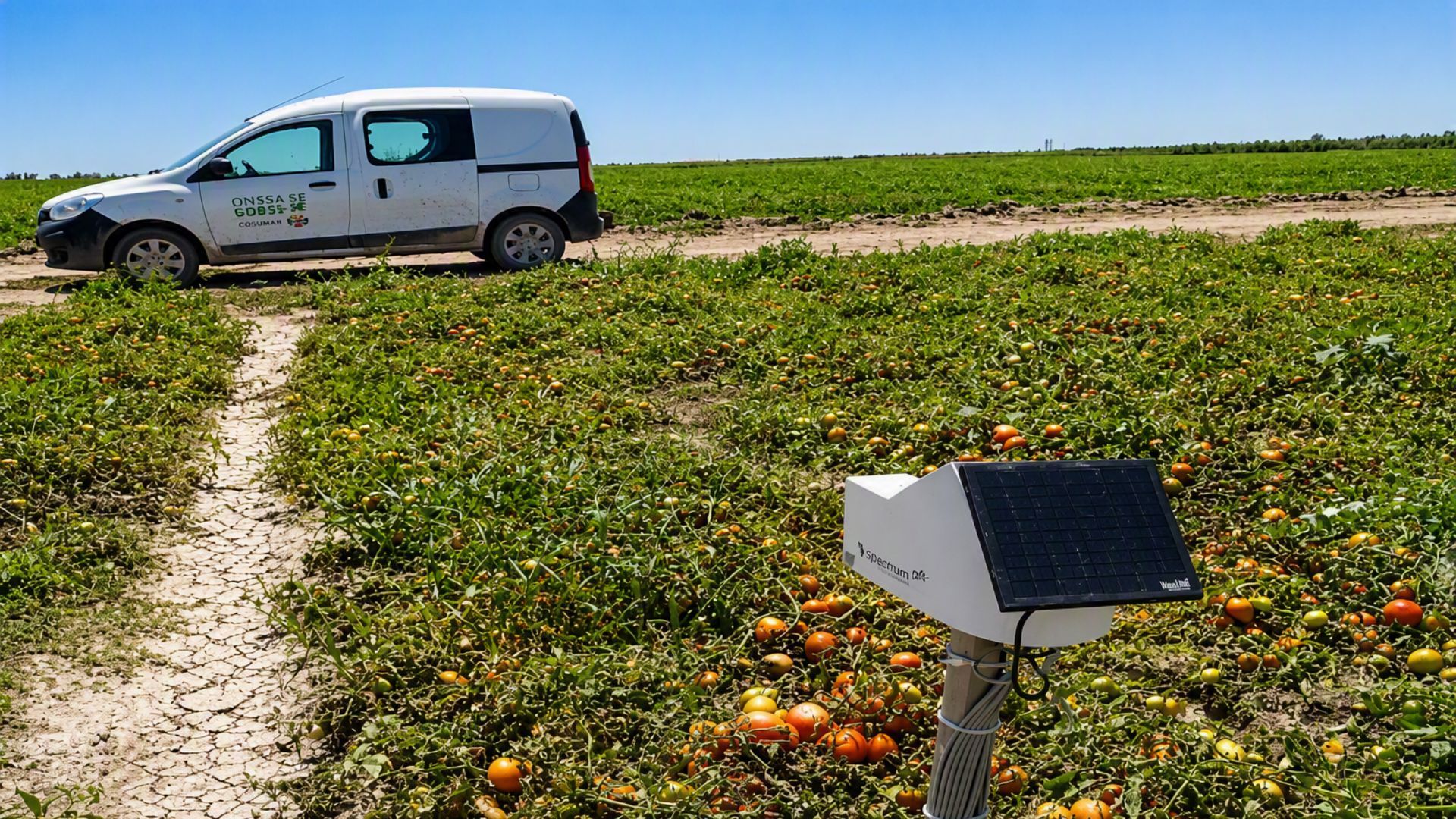Solar-powered sensor monitoring a tomato field beside a parked inspection van under clear blue sky.