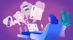 An illustration of a woman with blue hair eating an ice cream while looking at Unilever products on a laptop.