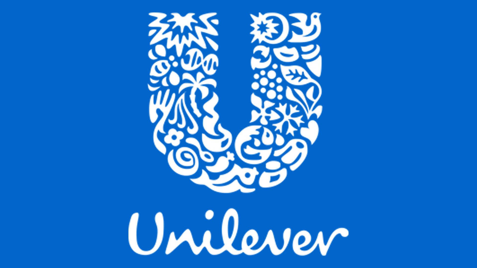 White Unilever logo with stylised icons forming a large U above the Unilever wordmark on a blue background