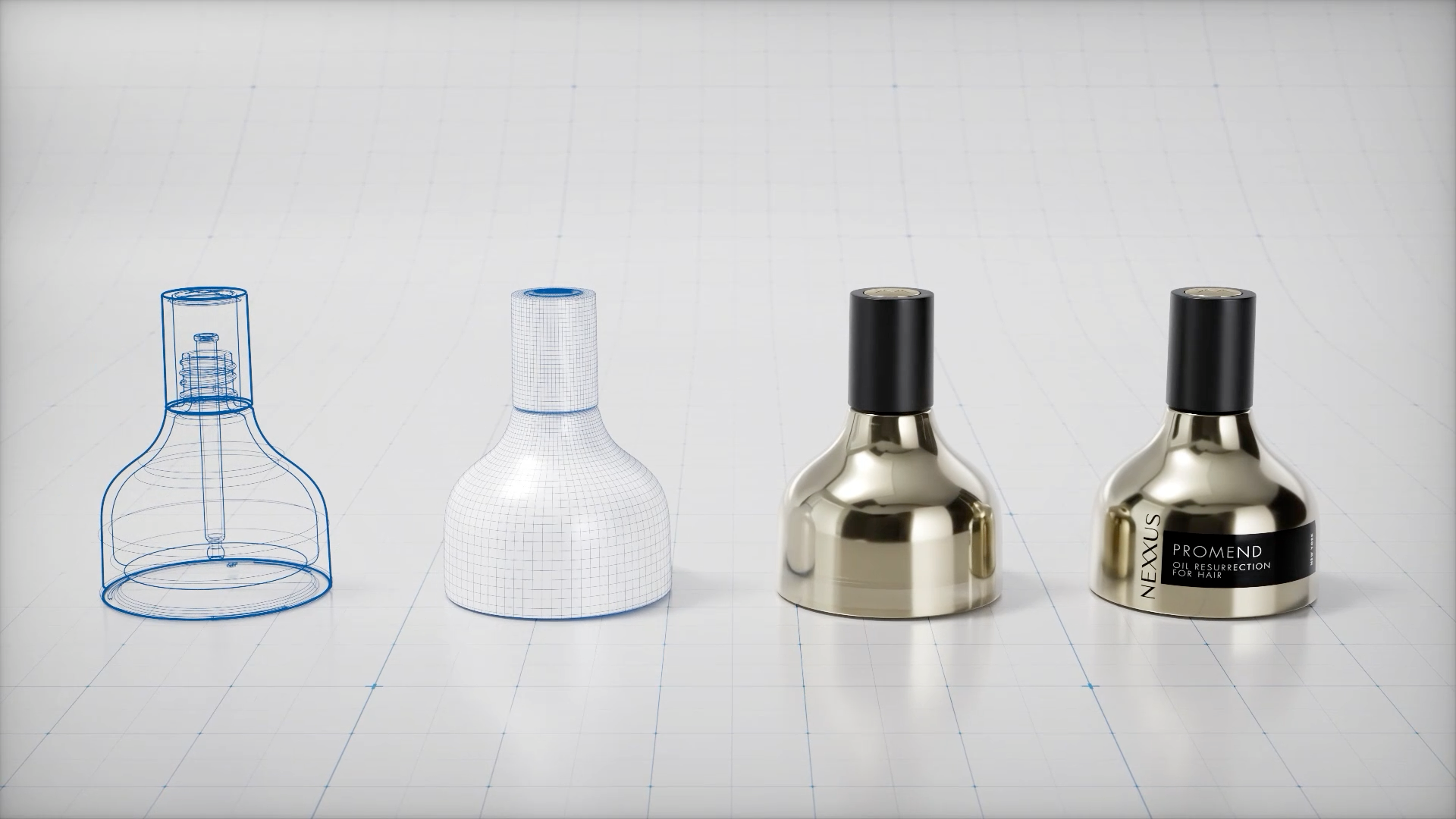 Digital twins of new Nexxus bottles, created using AI tools that help R&D and packing[CR1.1] teams save costs and reduce development time