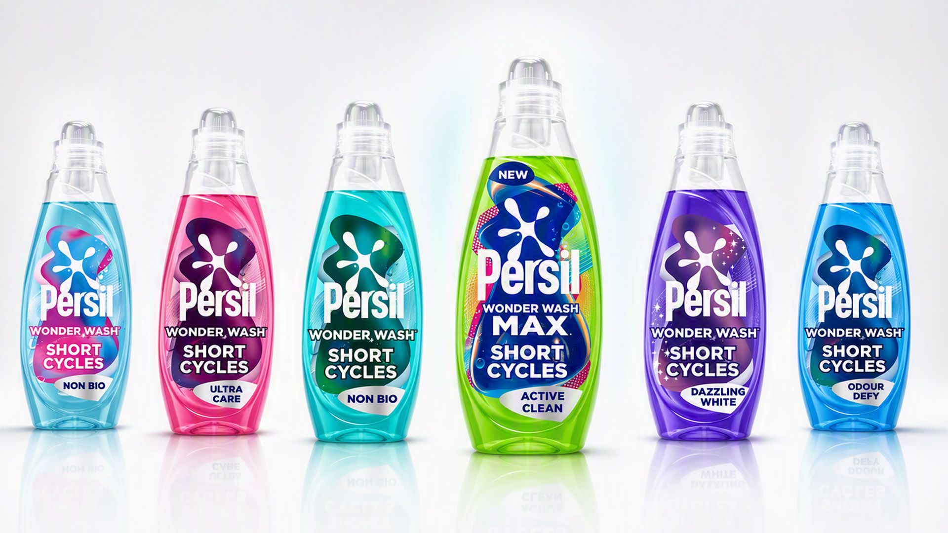 Line-up of Persil Wonder Wash short-cycle products: Non-Bio, Ultra Care, Active Clean, Dazzling White and Odour Defy.