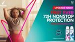 An image from a Rexona ad, featuring a woman exercising and cans of Rexona 72H MotionSense deodorant. Text reads: Upgrade today: First ever 72H non-stop protection with MotionSense