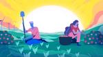 An illustration of two farmers in the field with wind turbines and the sun behind them.