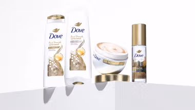 A line up of Dove shampoo and conditioner products