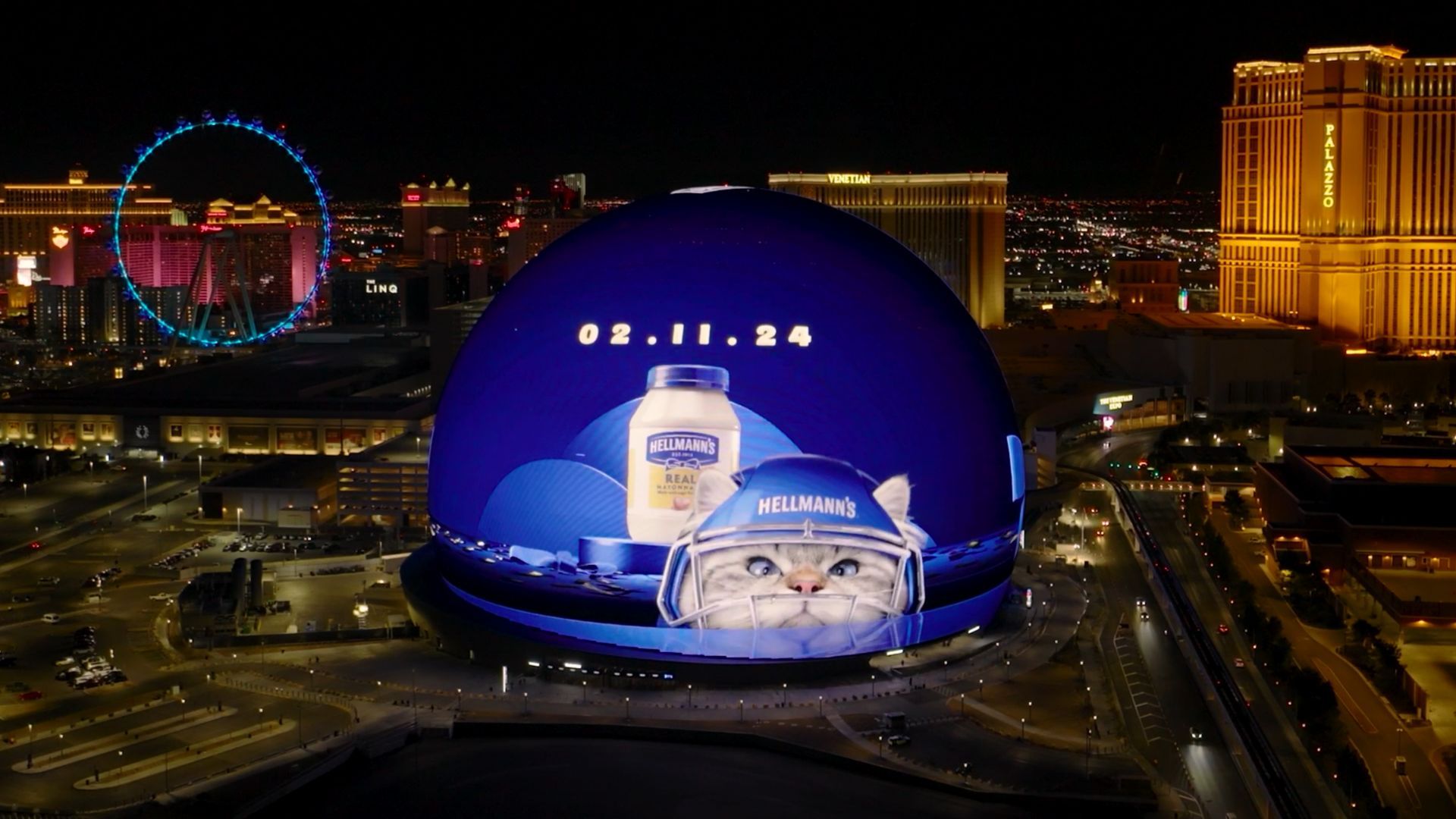 Hellmann’s Big Game Mayo Cat projected on the Sphere in Las Vegas