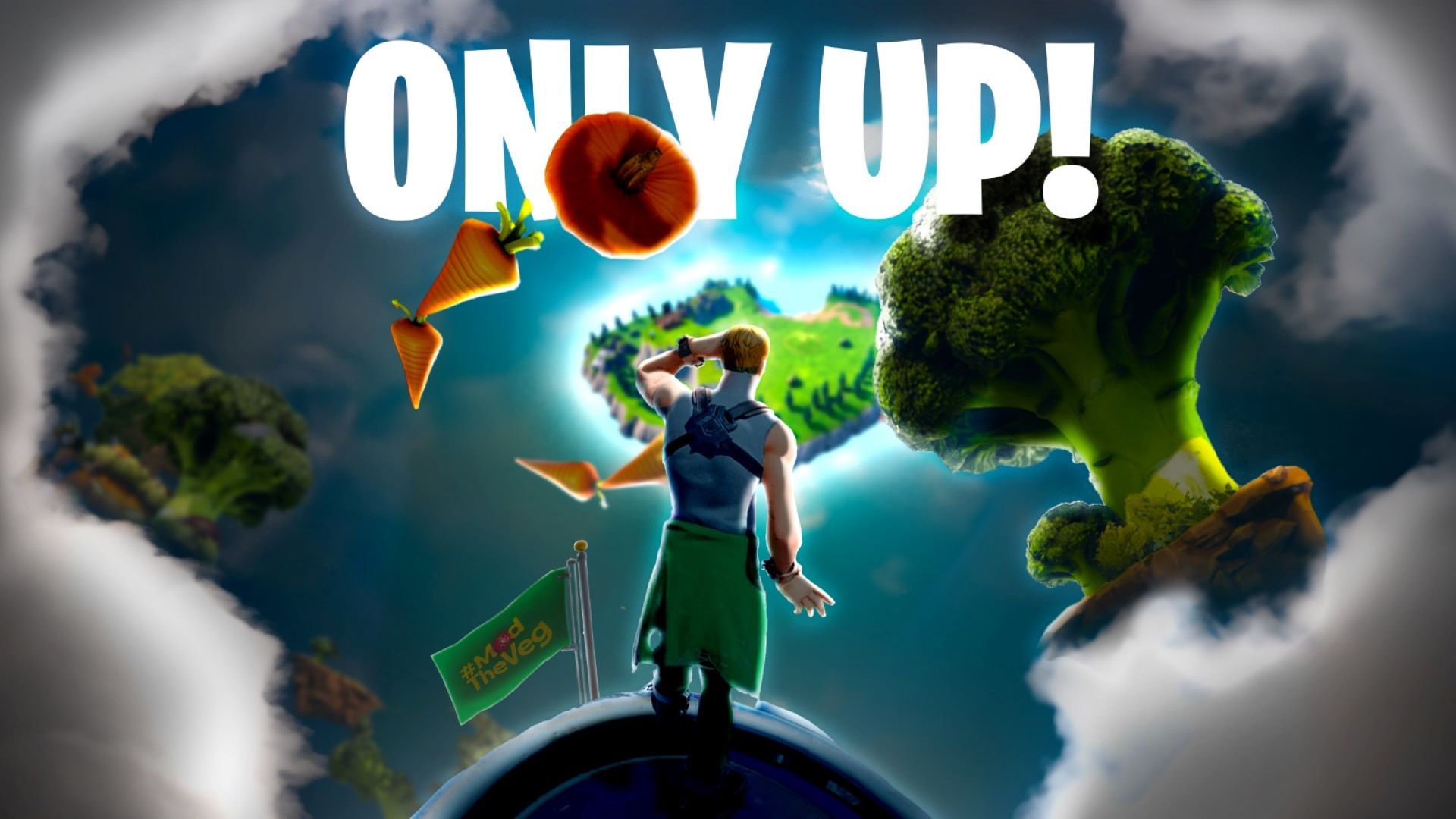 Animated Fortnite character looks at a playing arena while giant carrots and broccoli flying above a #ModtheVeg flag.
