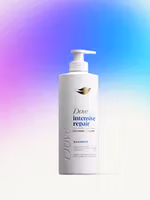 A bottle of Dove Intensive Repair shampoo with pump dispenser on a blue‑and‑purple gradient background.