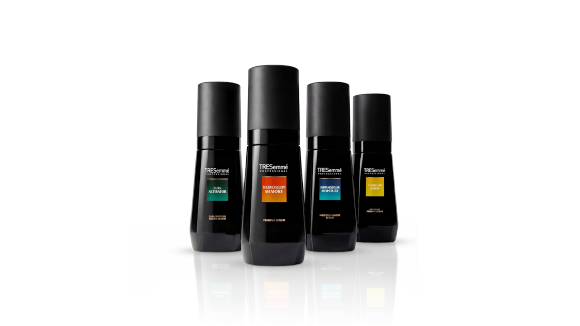 TRESemmé hair care bottles arranged in a row against a clean white background.