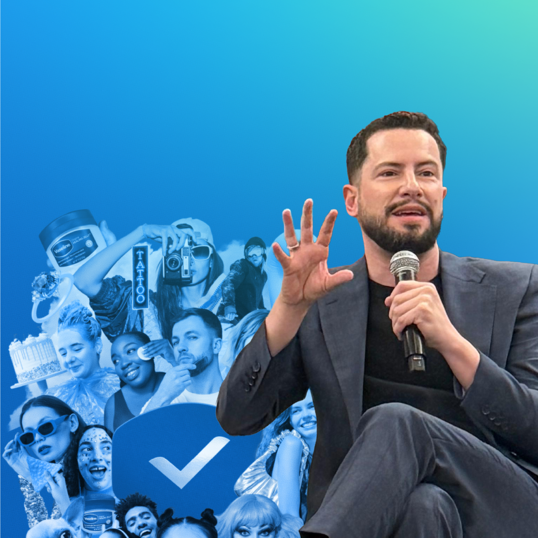 Marketing campaign image featuring a speaker on stage alongside messaging about brand relevance as a growth driver.