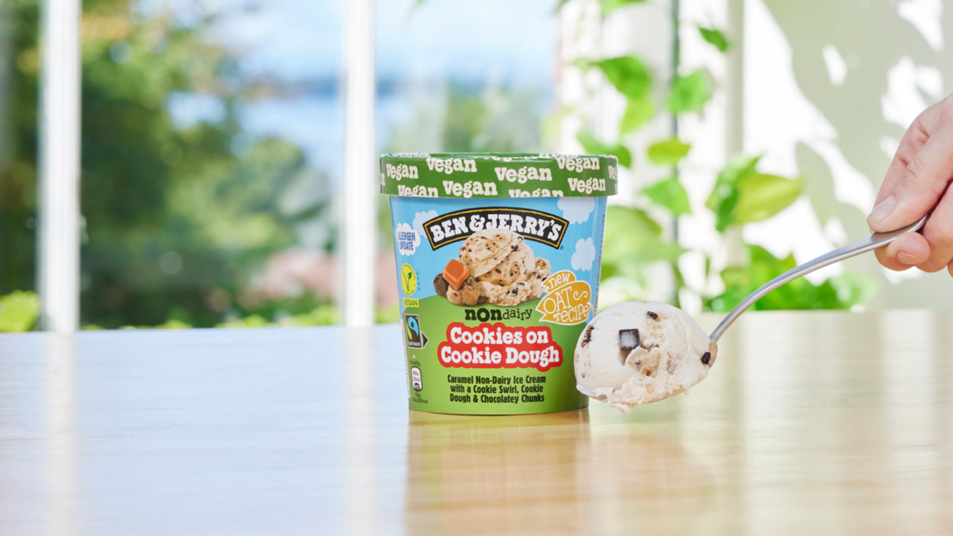 A tub of Ben & Jerry's non-dairy cookie dough with oat base