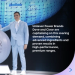 Presenter next to CLEAR sphere; text: Dove and Clear meet demand with advanced ingredients and premium ranges.