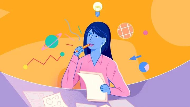 Young lady pausing for thought while writing a report.