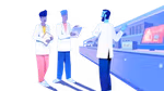 An illustration of three people having a conversation in a lab