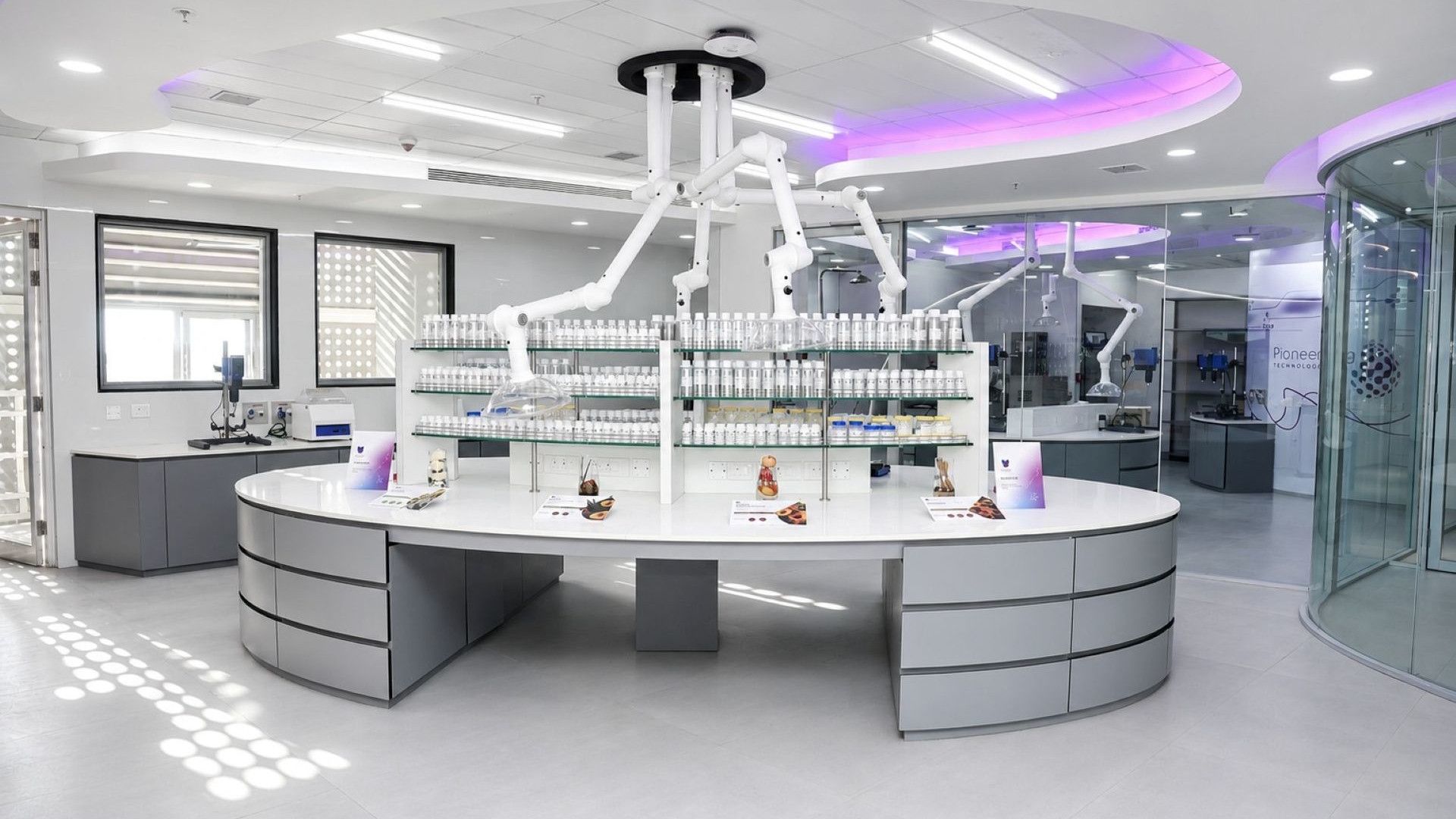 Inside Unilever’s new fragrance hub in India. The photo shows lab equipment and rows of ingredient bottles at a workbench.