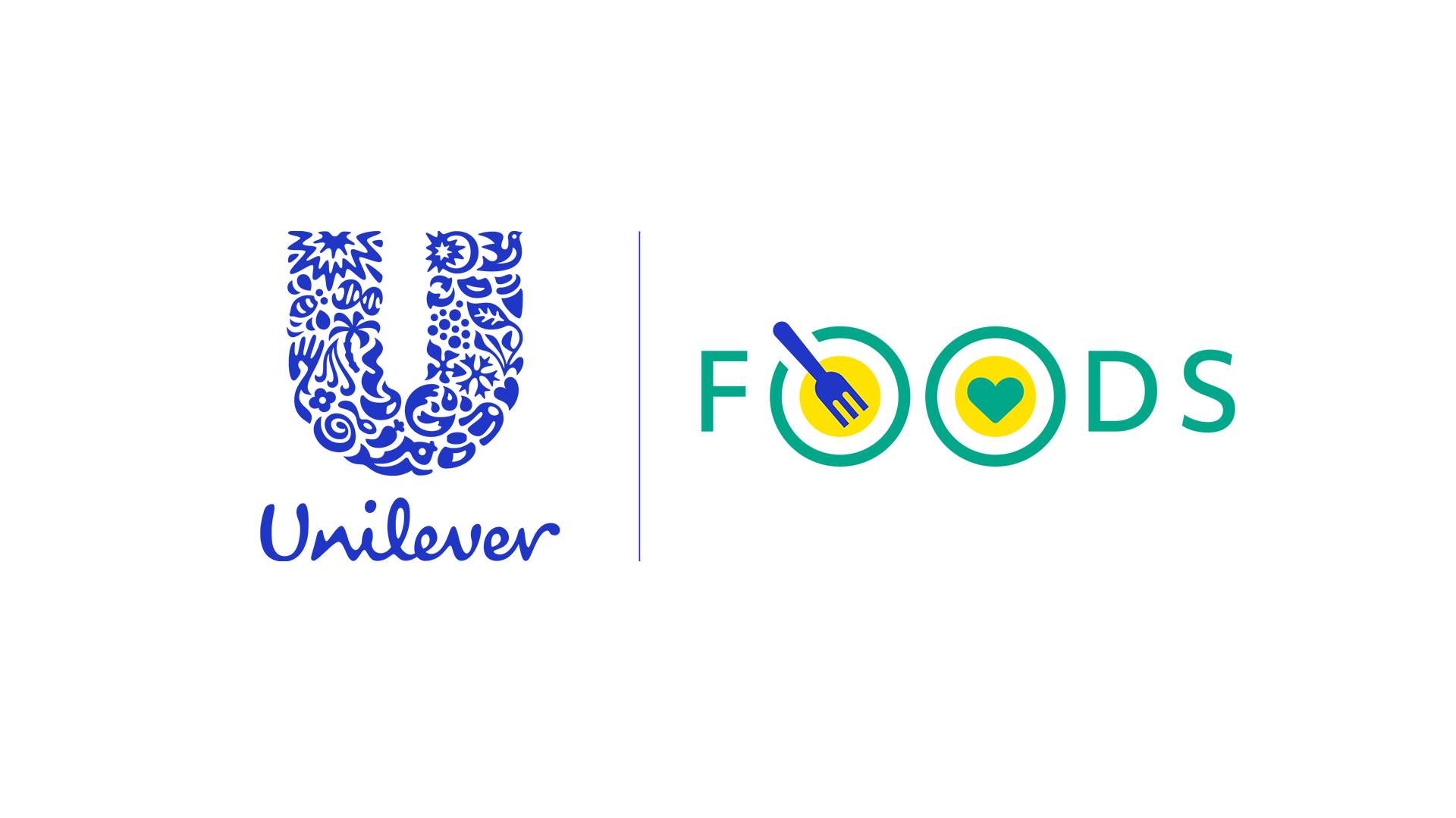 The image shows the Unilever logo on the left, which is a blue 'U' filled with various icons representing the company and its brands. Next to it, there is the word 'FOODS' written in green letters. The letter 'O' in 'FOODS' is stylised - the first as a plate with a fork inside it, and the second 'O' has a heart shape inside.