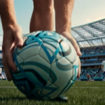 Close-up of hands placing a football on grass in a stadium, with a player and stands blurred in the background.