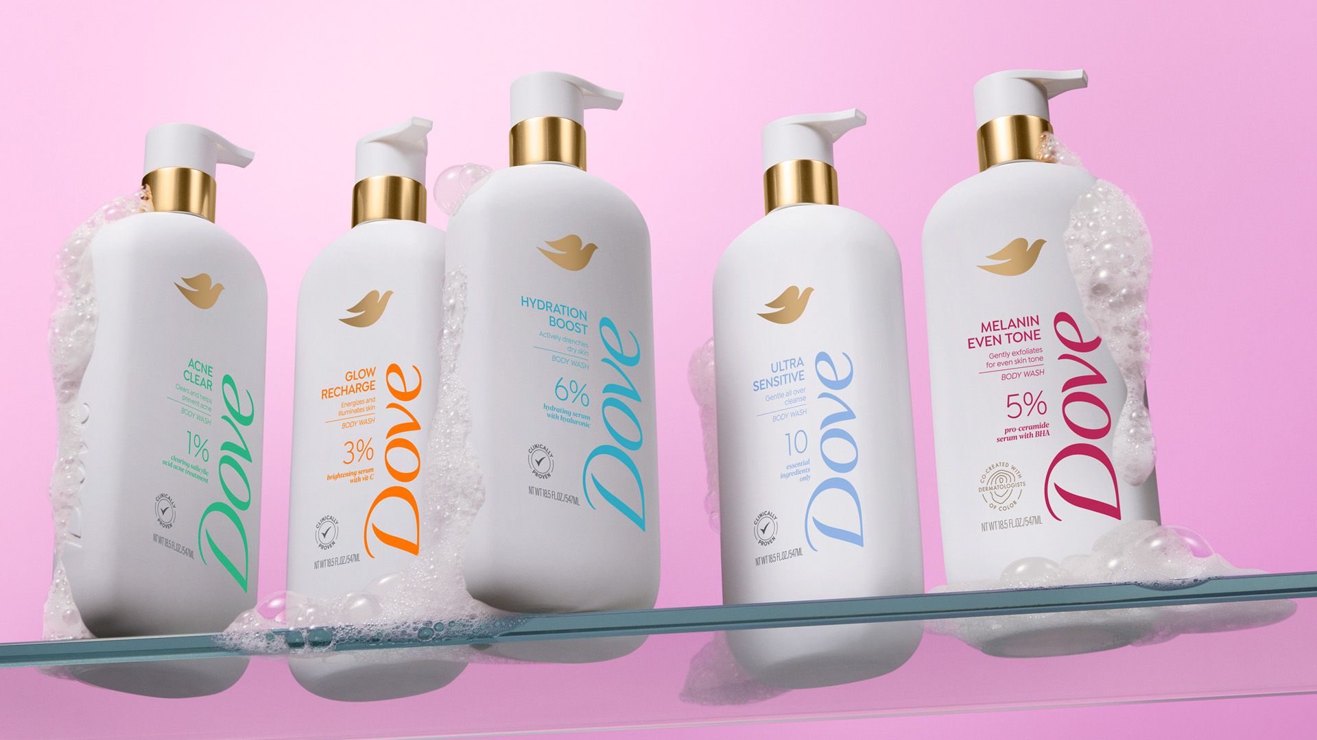 Five bottles of Dove’s premium body wash range infused with skincare serums.