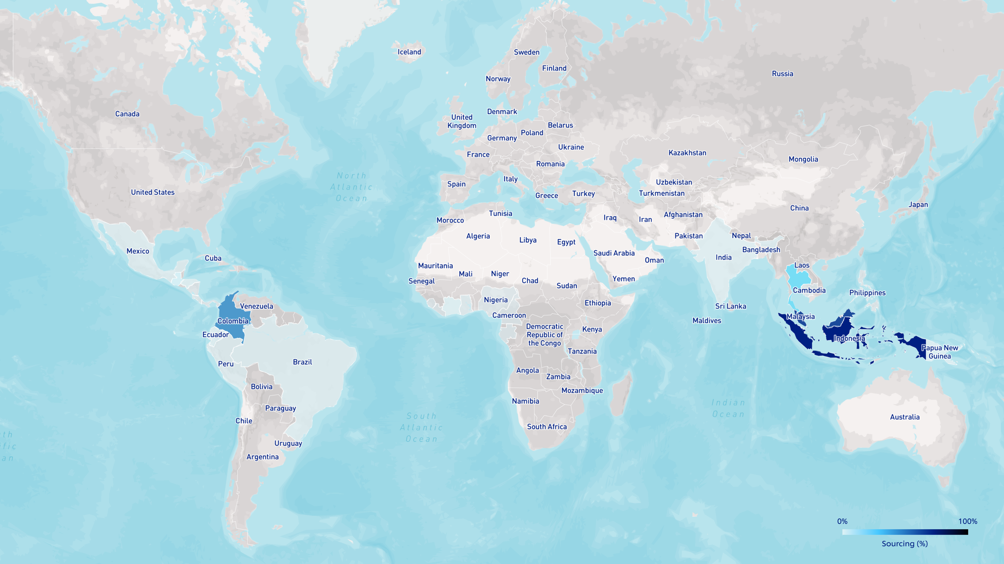 Map of the globe highlighting palm oil plantation areas