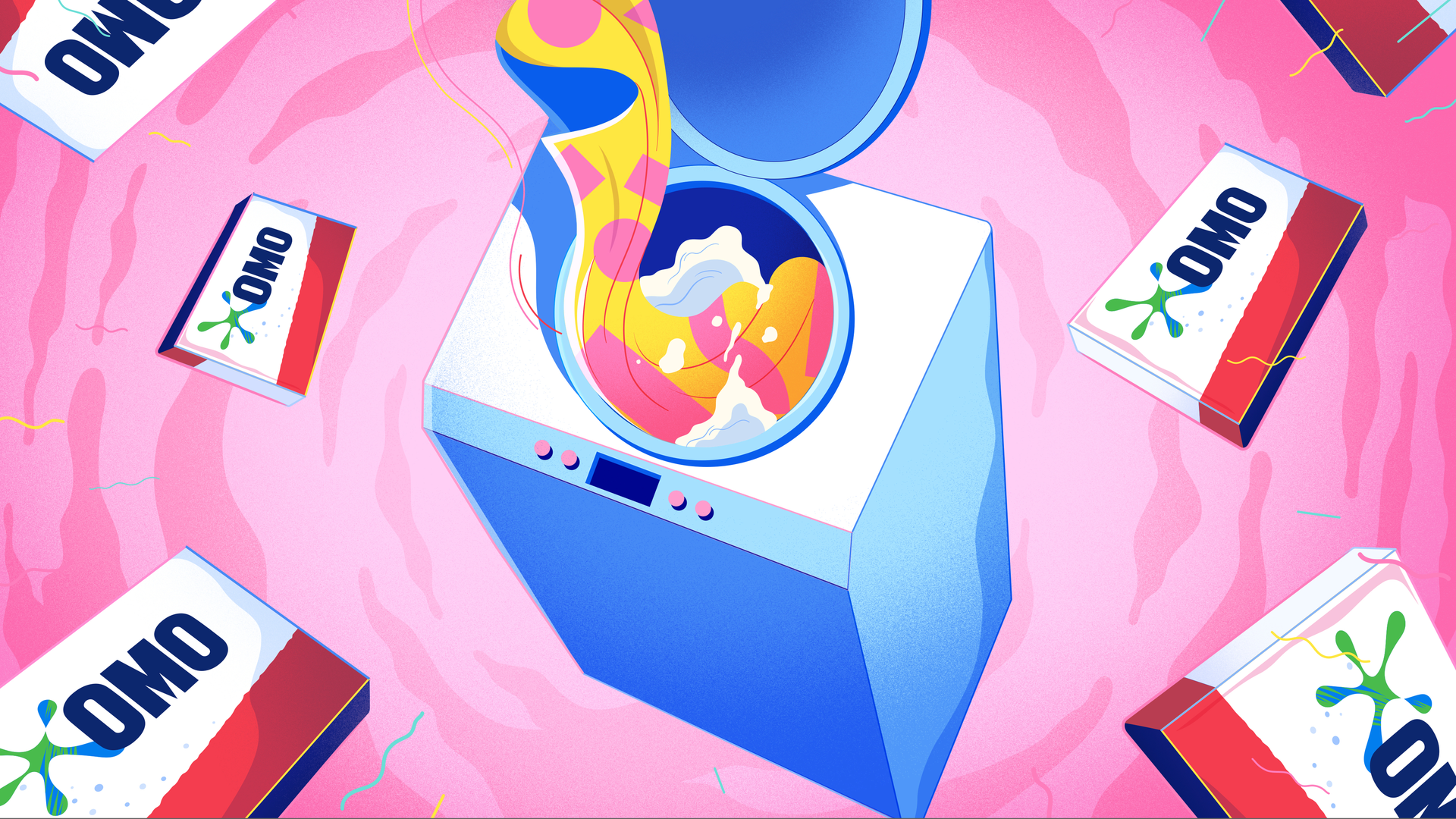 Illustration of boxes of Omo around a washing machine