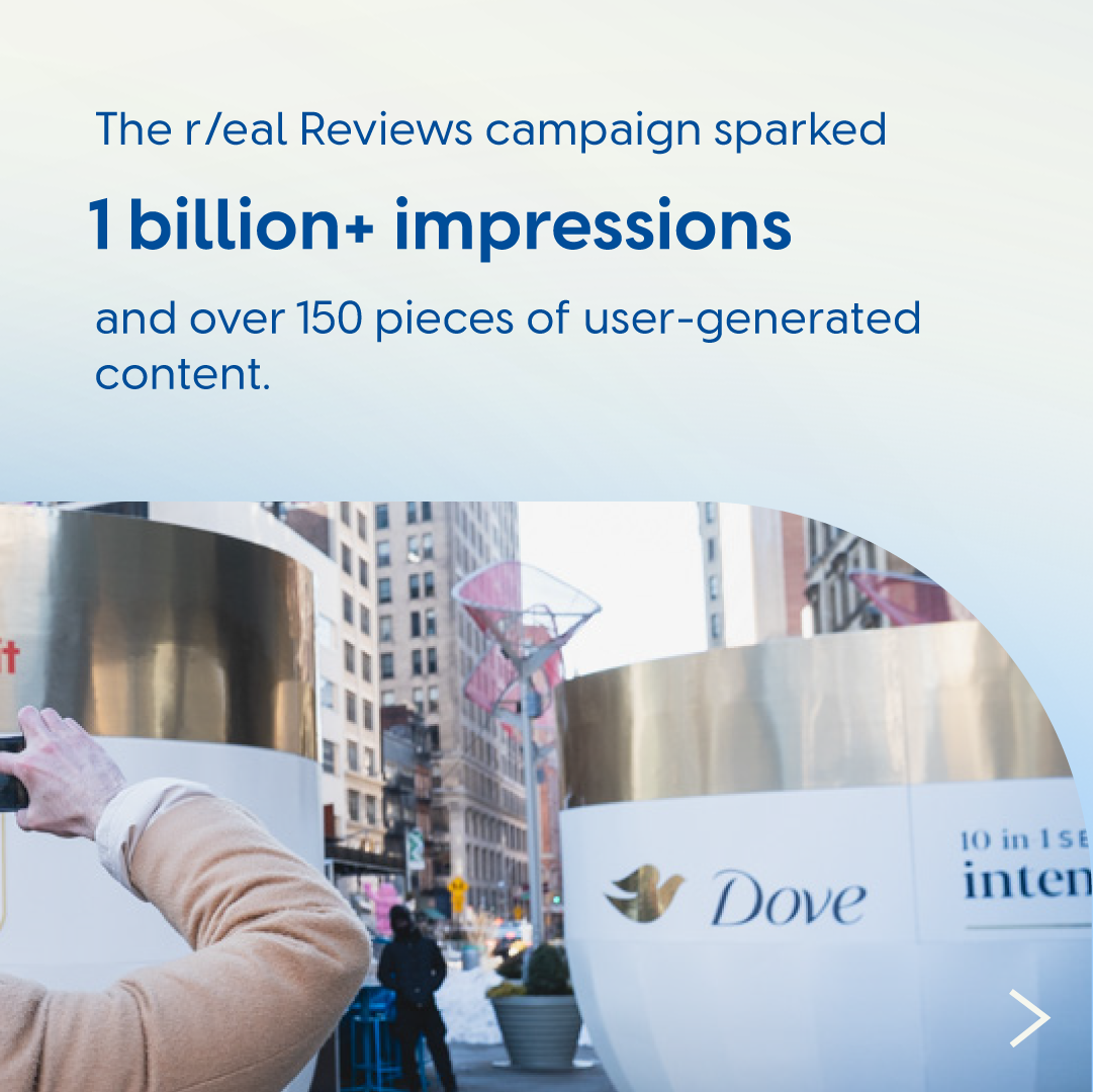 Dove campaign billboard in a city setting with messaging on reach and user-generated content impact.