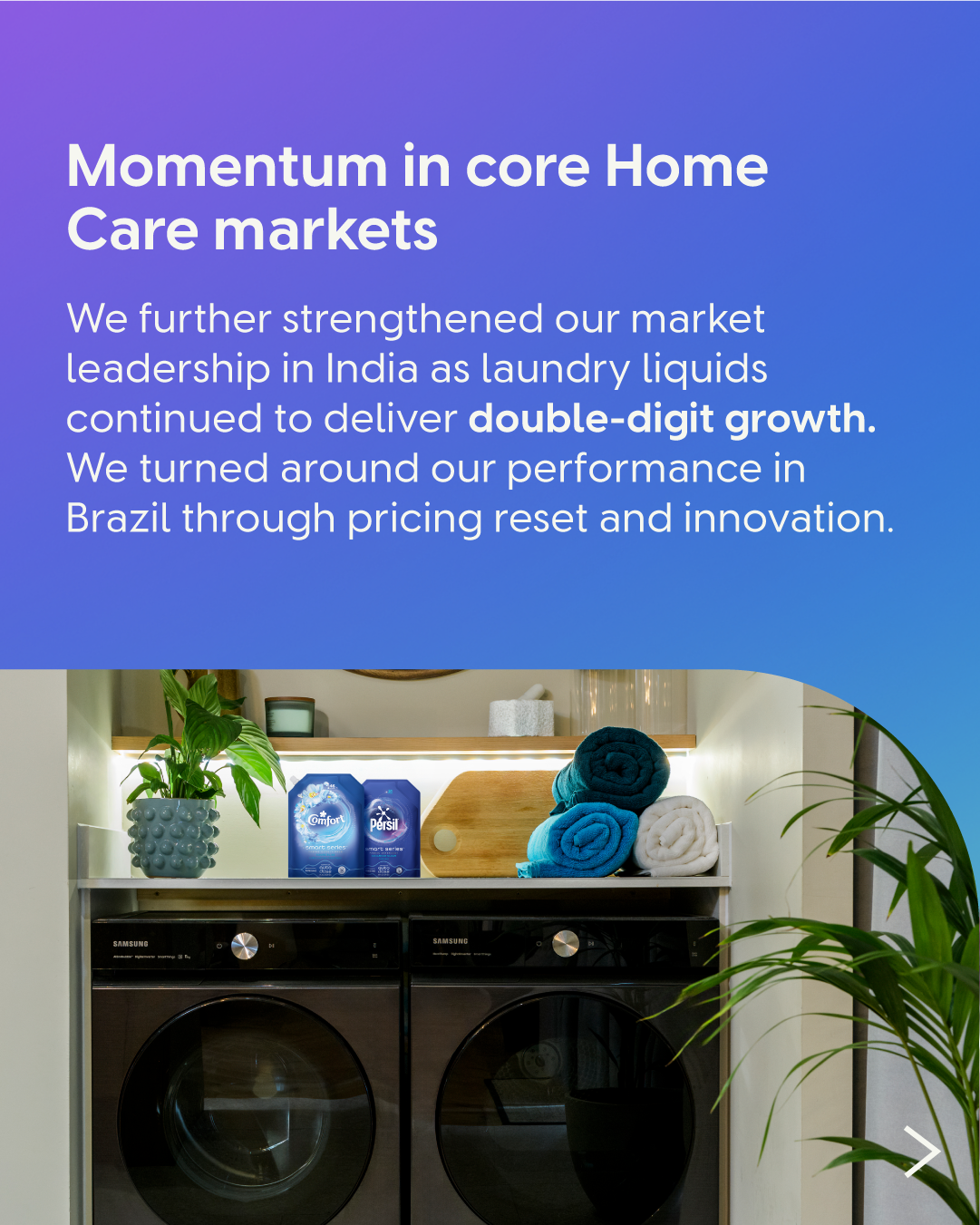 A modern laundry room scene with a washing machine, folded towels, plants and laundry products on a shelf, paired with text about momentum in core Home Care markets, including growth in India and improved performance in Brazil.